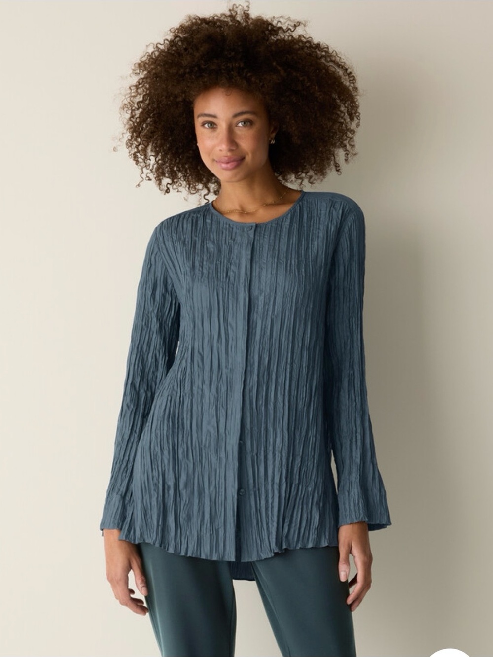 Eileen Fisher Crinkle Silk Habutai Round Neck Shirt in Eucalyptus Size L. NWT